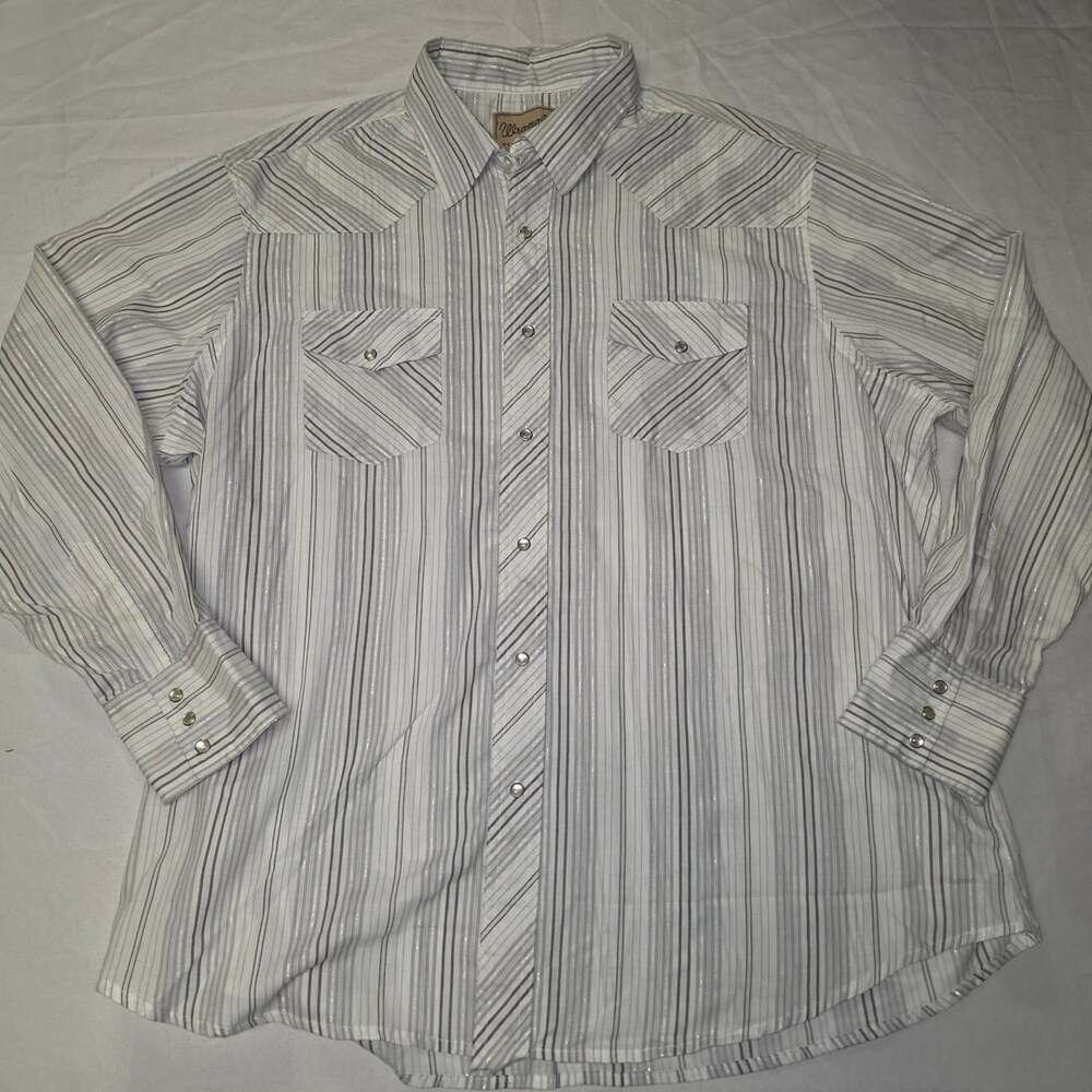 Vintage Wrangler Western Shirt Mens 2XL White Silver Metallic Striped Snap